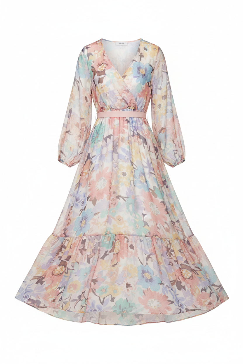 Flowy floral midi dress in soft pastel tones